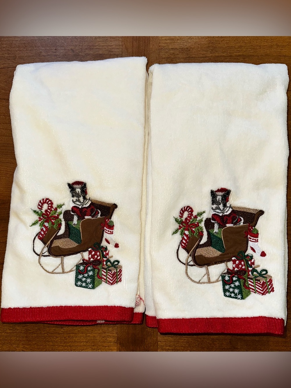 Cream Holiday Boston Terrier Embroidered Hand Towels with Red Trim